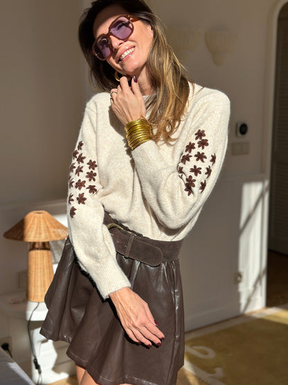 Teya Knit Sweater - Soft Floral Embroidered Knit With Puff Sleeves 1