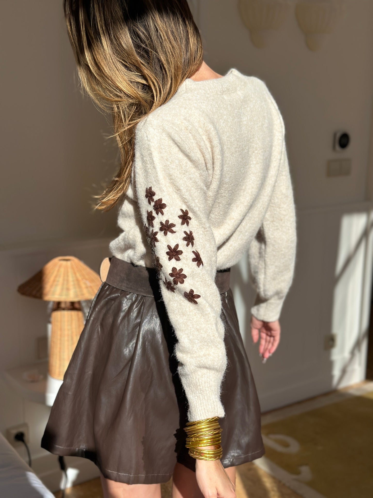 Teya Knit Sweater - Soft Floral Embroidered Knit With Puff Sleeves 2