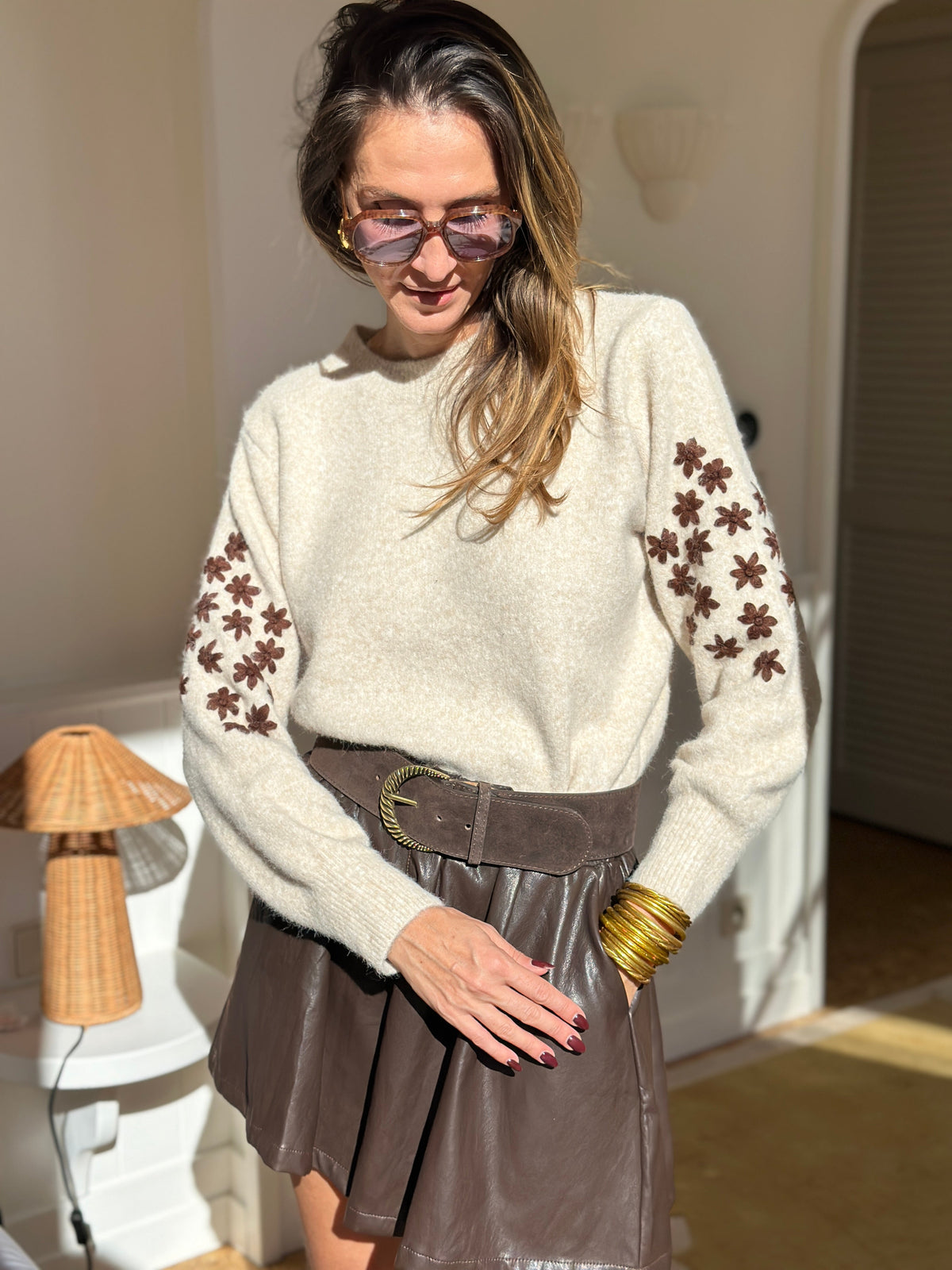 Teya Knit Sweater - Soft Floral Embroidered Knit With Puff Sleeves 4