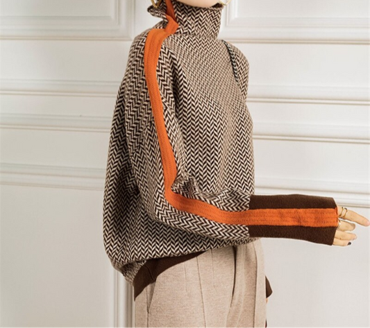 Threnody Herringbone Turtleneck Sweater with Contrast Trim for Effortless Style 0