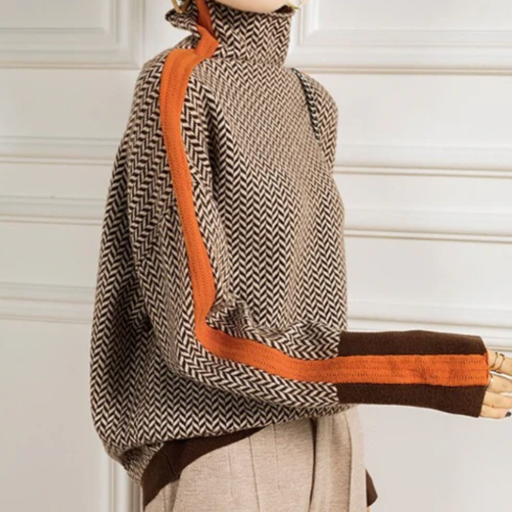 Threnody Herringbone Turtleneck Sweater with Contrast Trim for Effortless Style 1