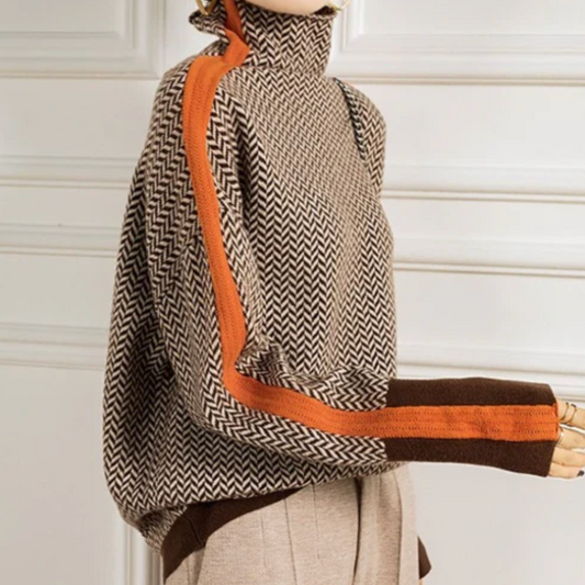 Threnody Herringbone Turtleneck Sweater with Contrast Trim for Effortless Style 1