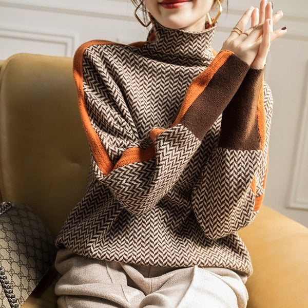 Threnody Herringbone Turtleneck Sweater with Contrast Trim for Effortless Style 2