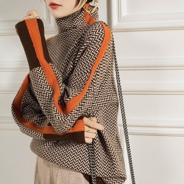 Threnody Herringbone Turtleneck Sweater with Contrast Trim for Effortless Style 3