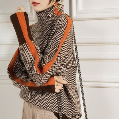 Threnody Herringbone Turtleneck Sweater with Contrast Trim for Effortless Style 3