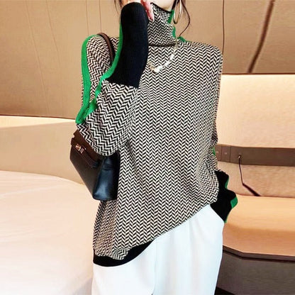 Threnody Herringbone Turtleneck Sweater with Contrast Trim for Effortless Style 4