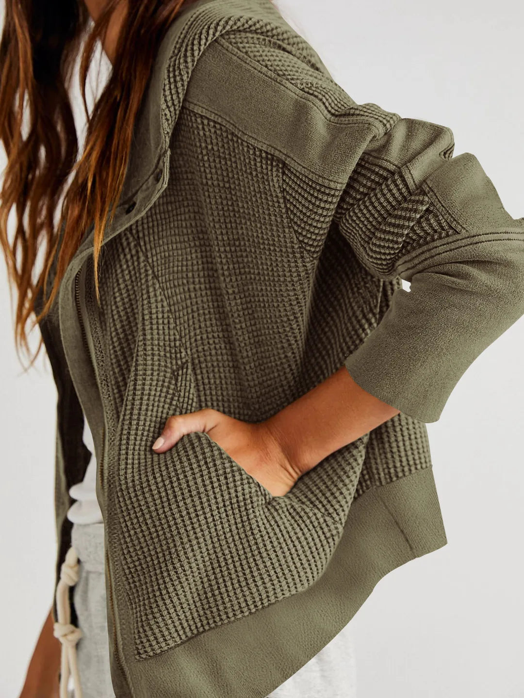 Uptown - Cropped Waffle Hoodie with Soft Cotton Fabric & Zip Closure 6