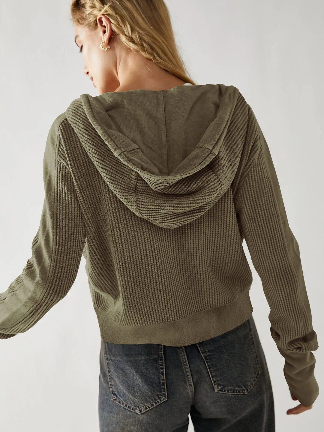 Uptown - Cropped Waffle Hoodie with Soft Cotton Fabric & Zip Closure 7
