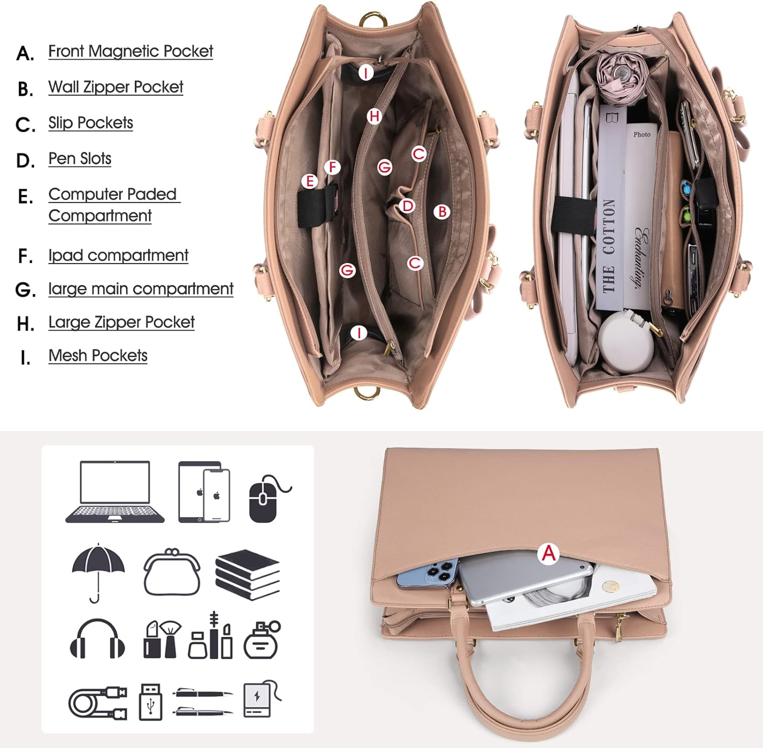 UrbanEdge - Waterproof PU Leather Laptop Tote Bag with Multi-Pocket Design 9