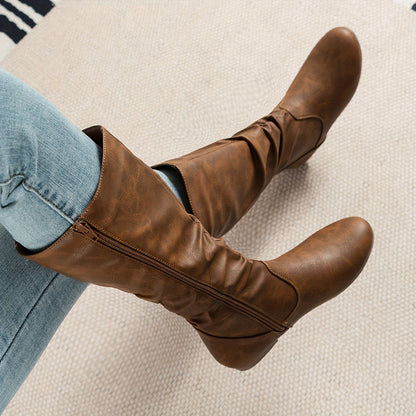 Valdis Brown Knee High Boots with Flat Heel and Side Zip Closure for All-Day Comfort 1