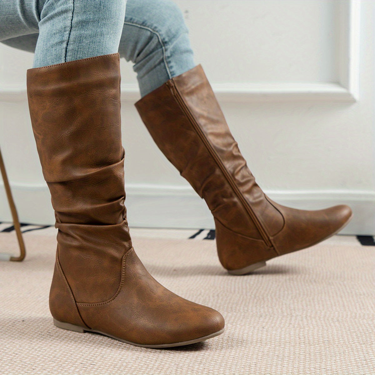 Valdis Brown Knee High Boots with Flat Heel and Side Zip Closure for All-Day Comfort 6