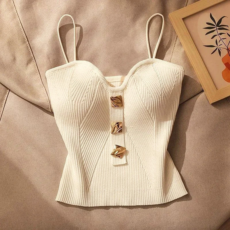 Valentina Rossi - White Crop Top with Thin Straps, Fitted Knit Design 0