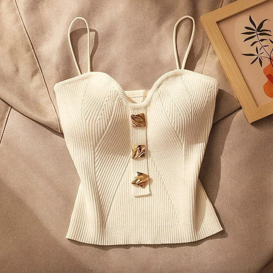 Valentina Rossi - White Crop Top with Thin Straps, Fitted Knit Design 0