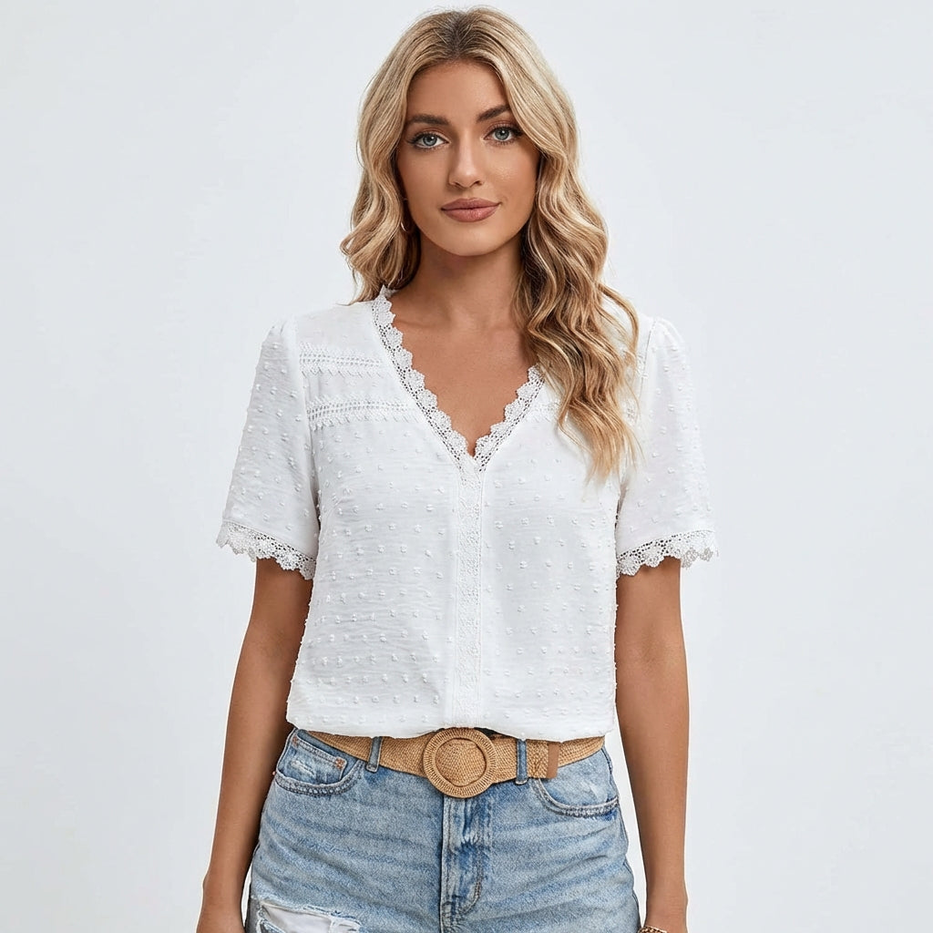 Valeria White Blouse - Lightweight Plumeti Fabric with Lace Trim and V-Neck 0
