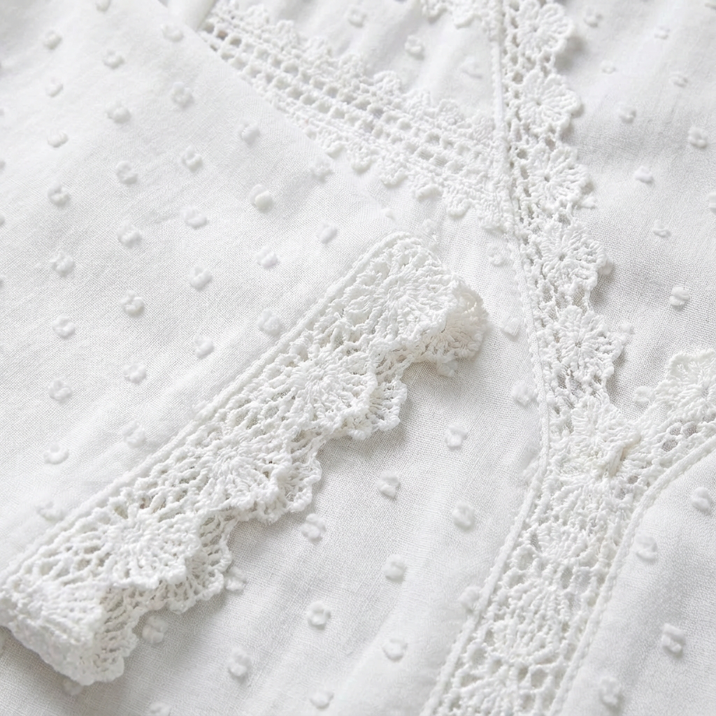Valeria White Blouse - Lightweight Plumeti Fabric with Lace Trim and V-Neck 2