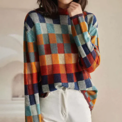 Vexna Colorblock Turtleneck Sweater - Soft Knit, Retro Check Pattern, Versatile Layering Piece 0