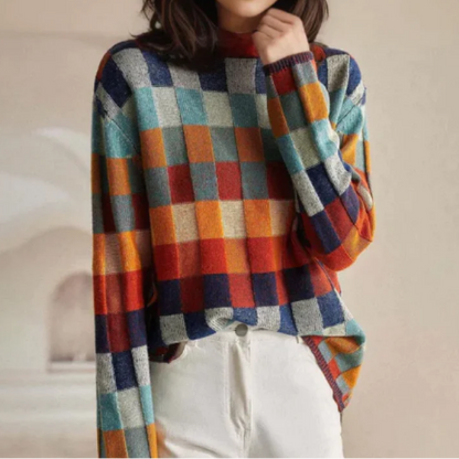 Vexna Colorblock Turtleneck Sweater - Soft Knit, Retro Check Pattern, Versatile Layering Piece 1