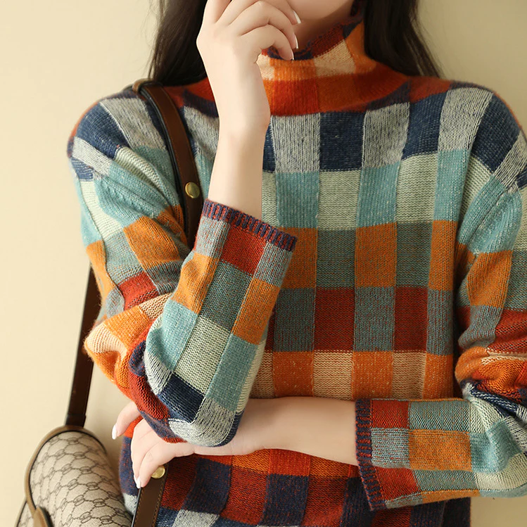 Vexna Colorblock Turtleneck Sweater - Soft Knit, Retro Check Pattern, Versatile Layering Piece 2