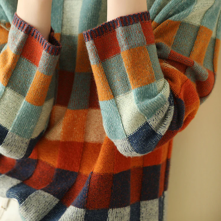 Vexna Colorblock Turtleneck Sweater - Soft Knit, Retro Check Pattern, Versatile Layering Piece 5