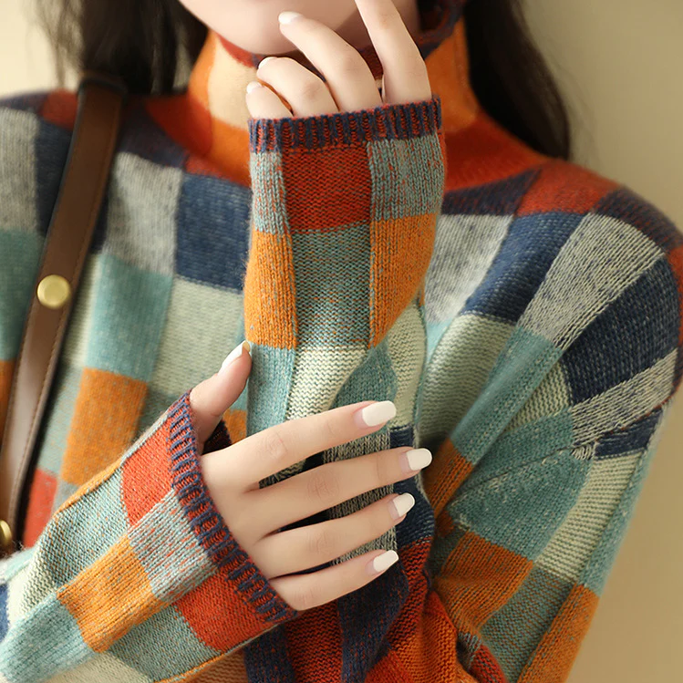 Vexna Colorblock Turtleneck Sweater - Soft Knit, Retro Check Pattern, Versatile Layering Piece 6