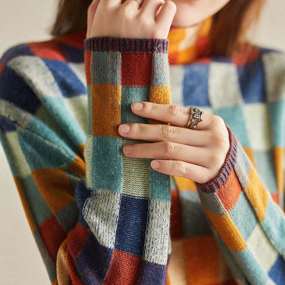 Vexna Colorblock Turtleneck Sweater - Soft Knit, Retro Check Pattern, Versatile Layering Piece 7