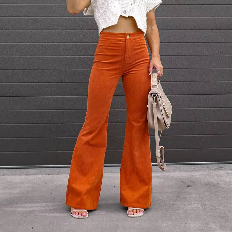 Vintage Inspired Corduroy Flare Jeans with High Waist and Functional Pockets 0
