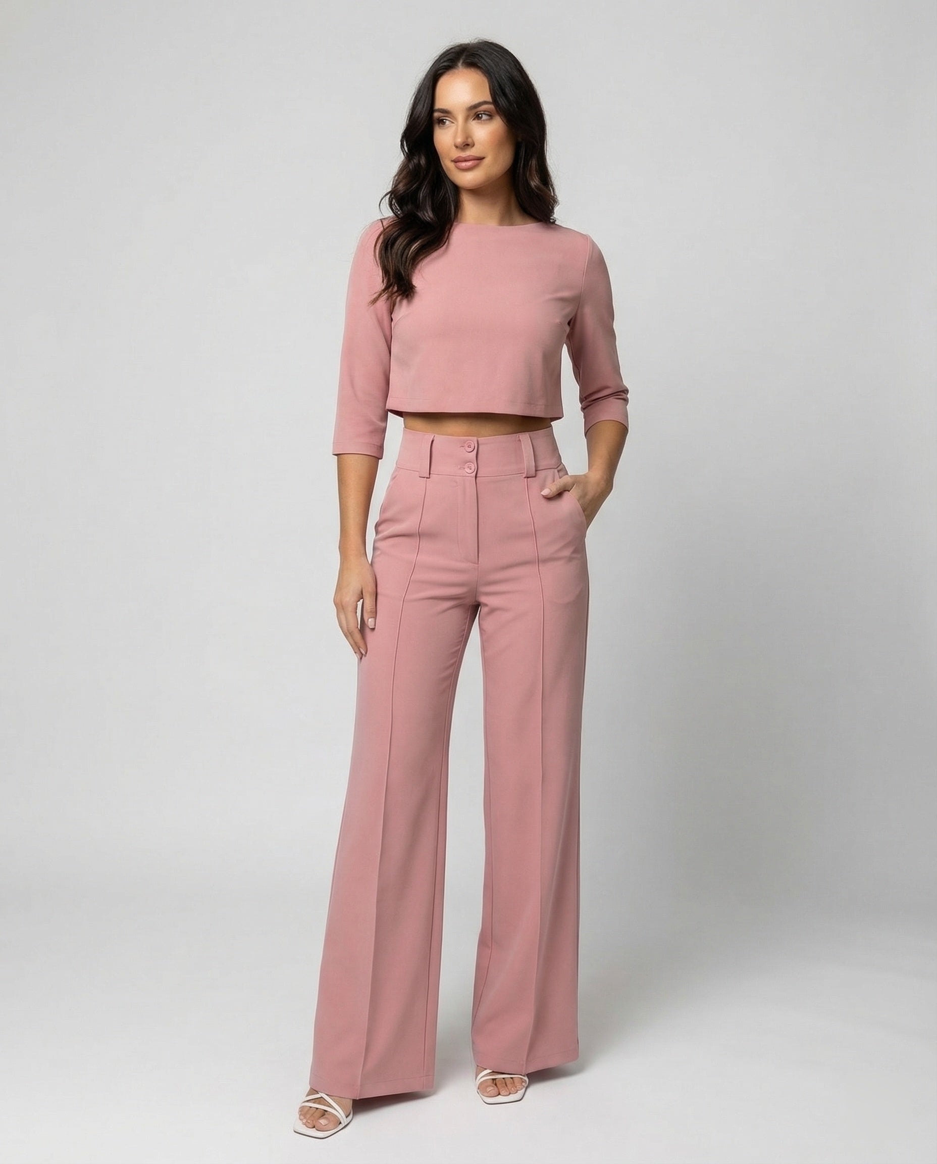 Vivara - High Waist Wide Leg Two Piece Pants Set with Boat Neck Crop Top 0