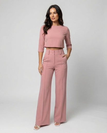 Vivara - High Waist Wide Leg Two Piece Pants Set with Boat Neck Crop Top 0
