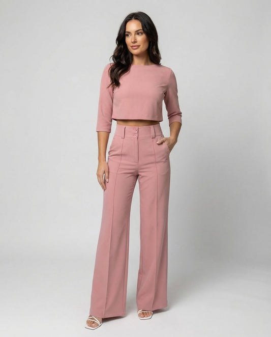 Vivara - High Waist Wide Leg Two Piece Pants Set with Boat Neck Crop Top 0