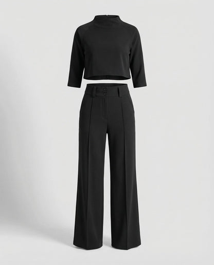 Vivara - High Waist Wide Leg Two Piece Pants Set with Boat Neck Crop Top 5
