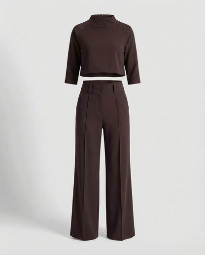 Vivara - High Waist Wide Leg Two Piece Pants Set with Boat Neck Crop Top 8