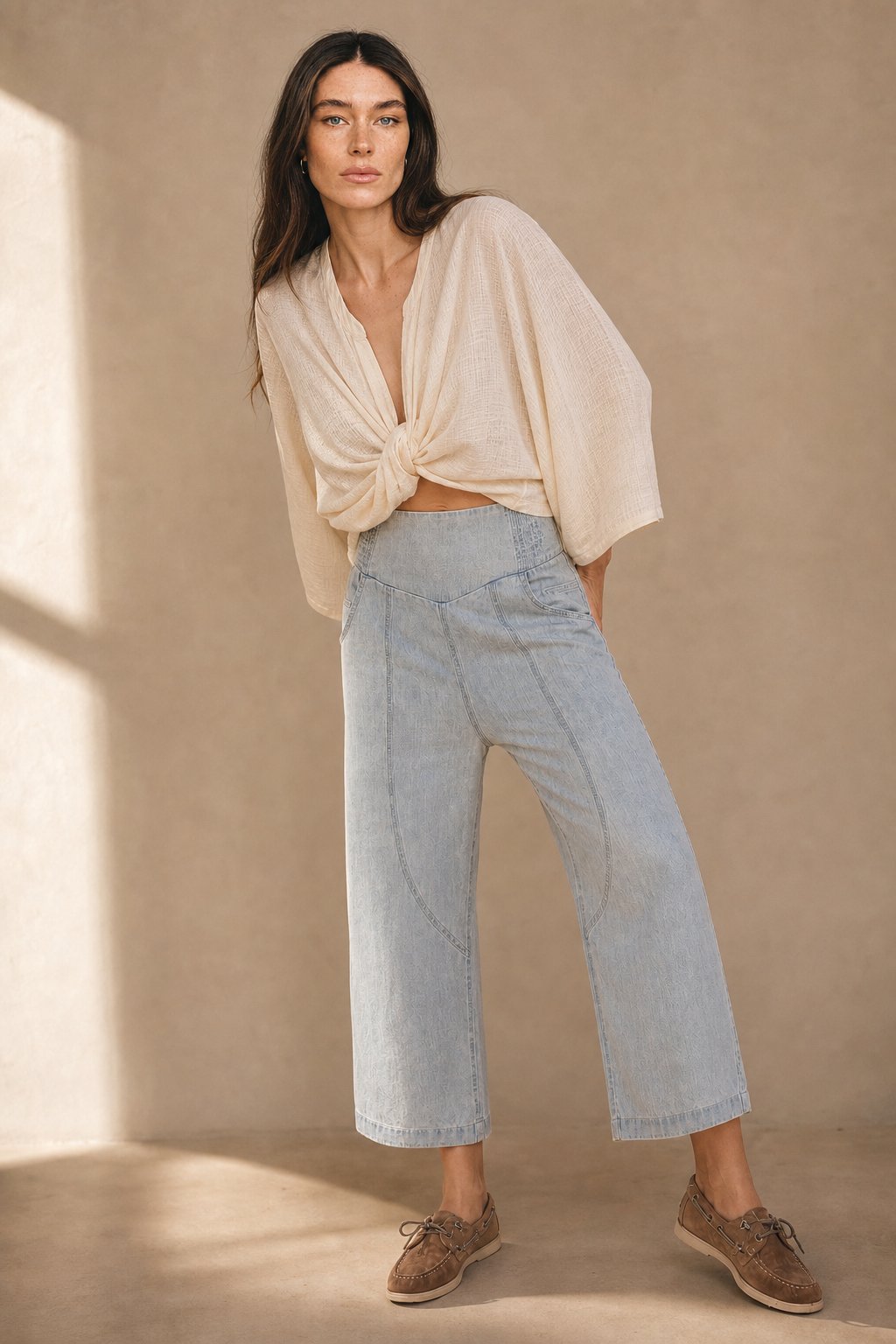 Weekender Wide Leg Pants - Sculpted Denim Trousers with Stretch Waistband 0
