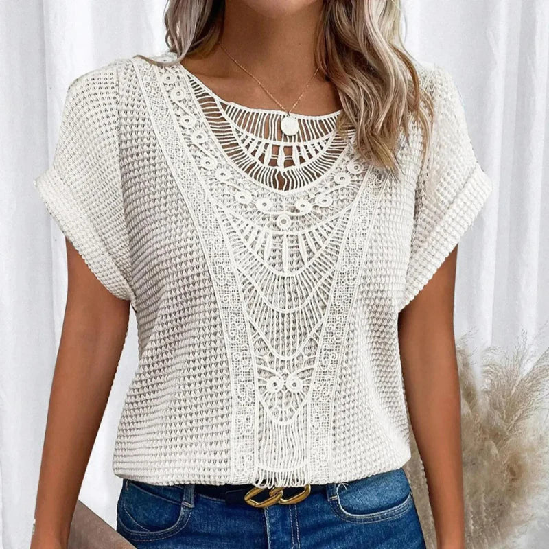 Women's Blouse with Decorative Crochet-Style Neckline Detail 9