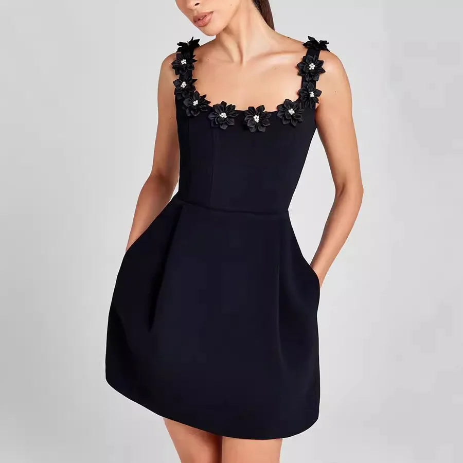 Women’s Mini Sheath Dress – Square Neck with Floral Detail 0