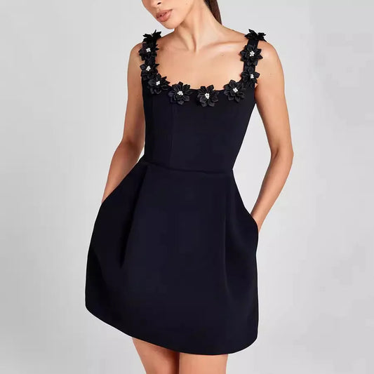 Women’s Mini Sheath Dress – Square Neck with Floral Detail 0