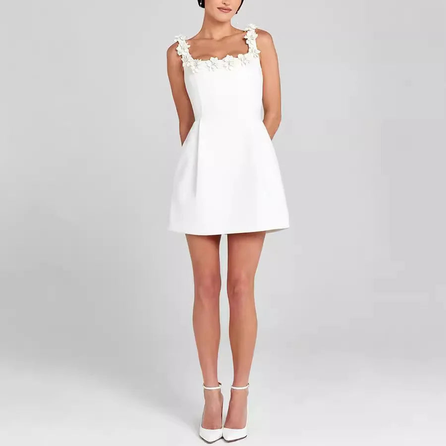 Women’s Mini Sheath Dress – Square Neck with Floral Detail 1