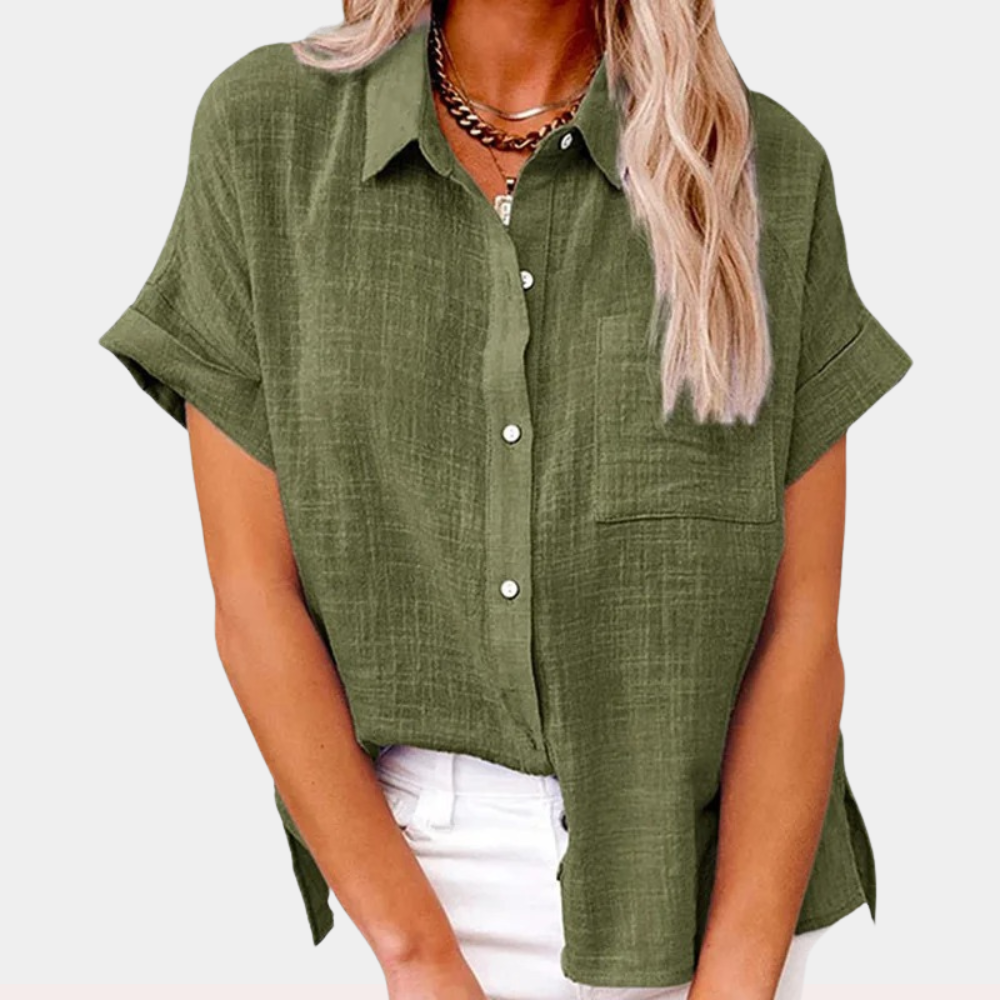 Women's Short Sleeve Button-Down Shirt with Chest Pocket 1