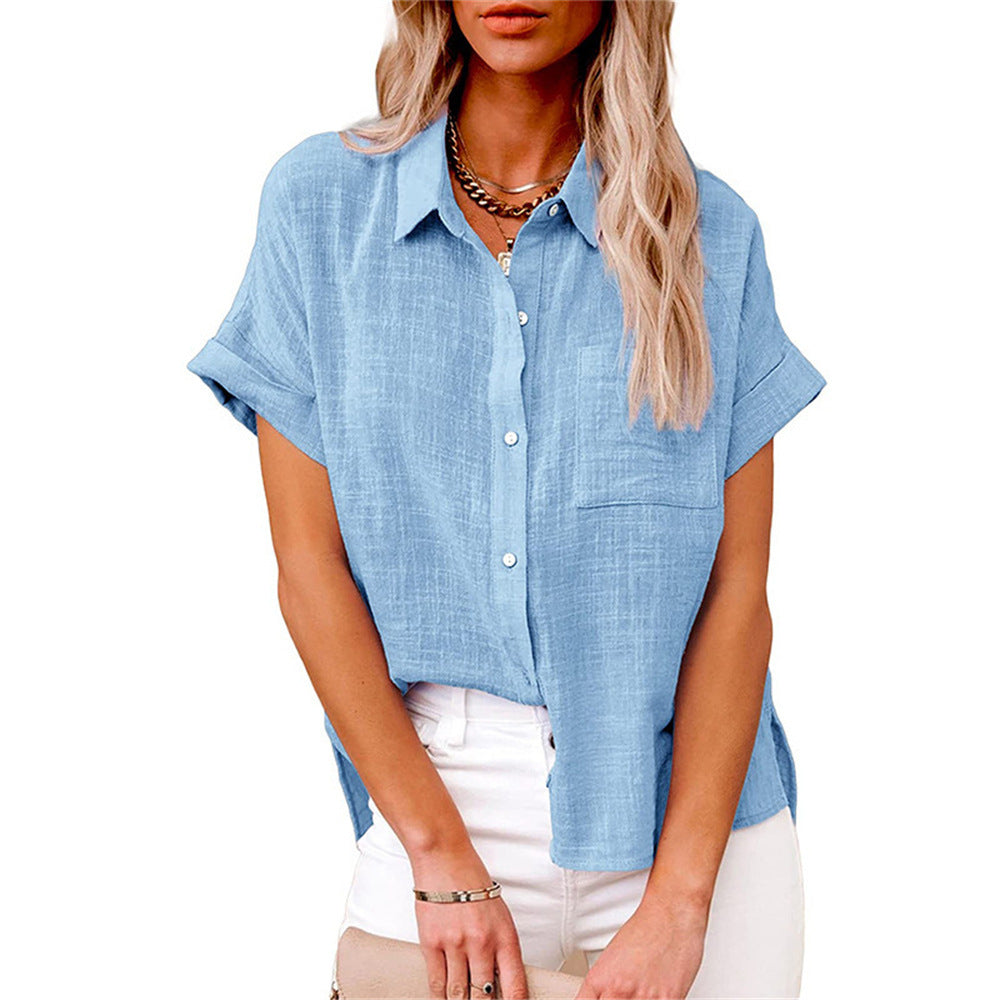 Women's Short Sleeve Button-Down Shirt with Chest Pocket 3