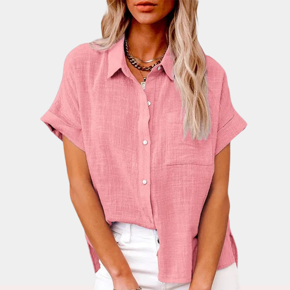 Women's Short Sleeve Button-Down Shirt with Chest Pocket 4