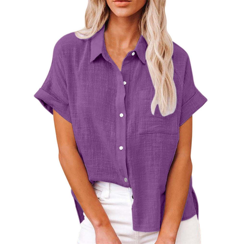 Women's Short Sleeve Button-Down Shirt with Chest Pocket 7
