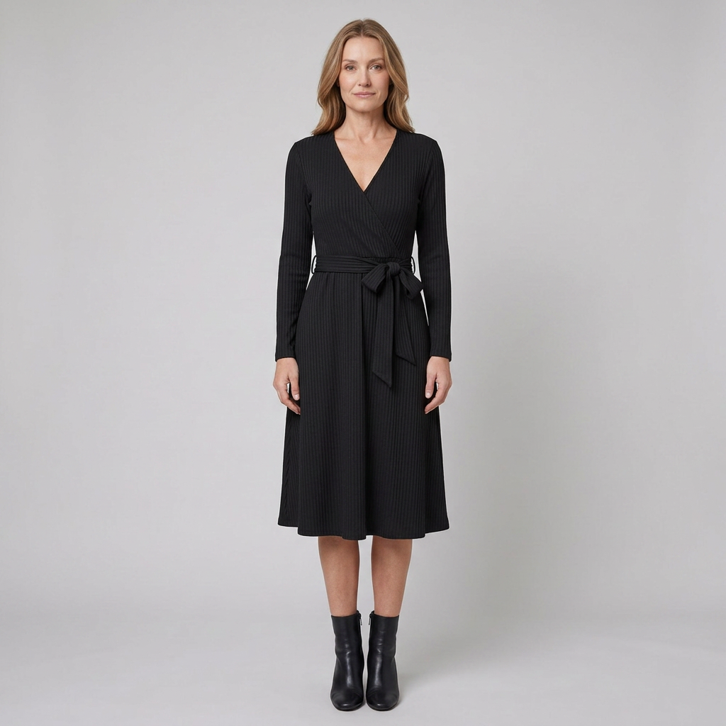 Wynne Knit Midi Dress - Soft Ribbed Polyester, V-Neck, Belted Waist, Pockets 0
