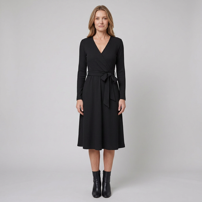 Wynne Knit Midi Dress - Soft Ribbed Polyester, V-Neck, Belted Waist, Pockets 0