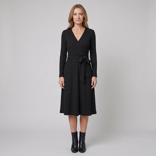 Wynne Knit Midi Dress - Soft Ribbed Polyester, V-Neck, Belted Waist, Pockets 0