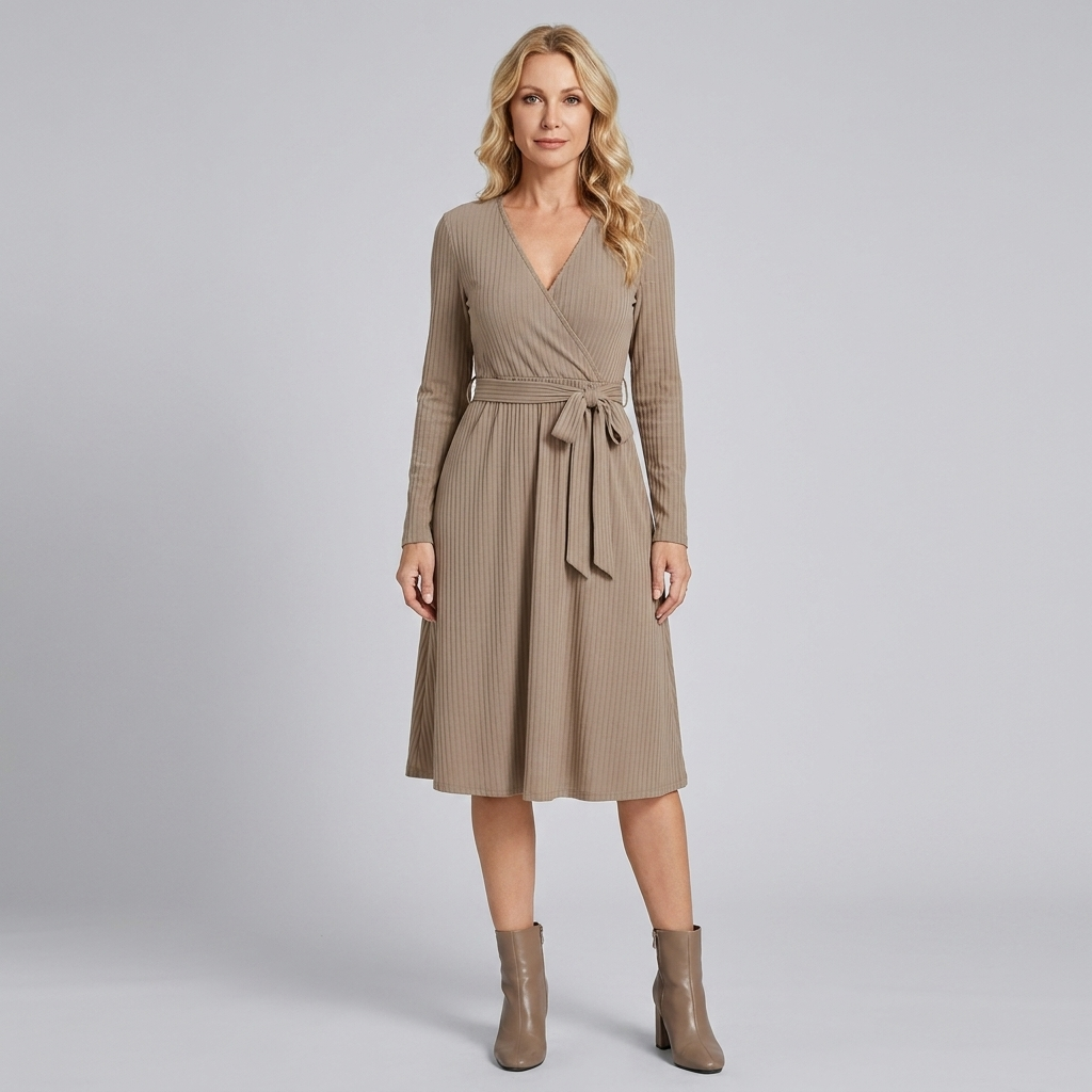 Wynne Knit Midi Dress - Soft Ribbed Polyester, V-Neck, Belted Waist, Pockets 10