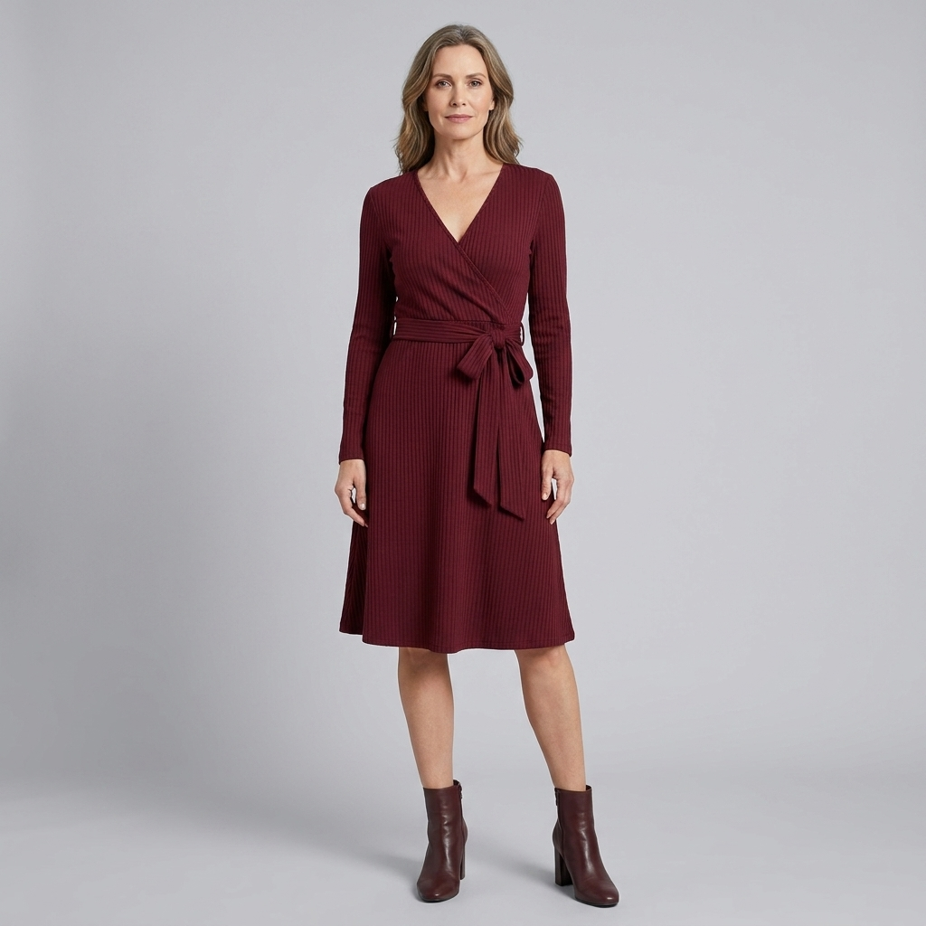 Wynne Knit Midi Dress - Soft Ribbed Polyester, V-Neck, Belted Waist, Pockets 11