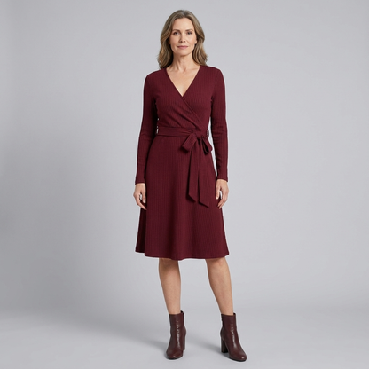 Wynne Knit Midi Dress - Soft Ribbed Polyester, V-Neck, Belted Waist, Pockets 11
