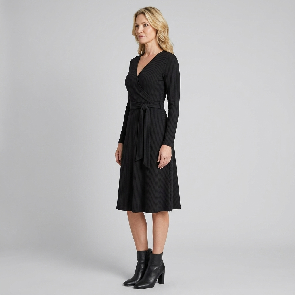 Wynne Knit Midi Dress - Soft Ribbed Polyester, V-Neck, Belted Waist, Pockets 2