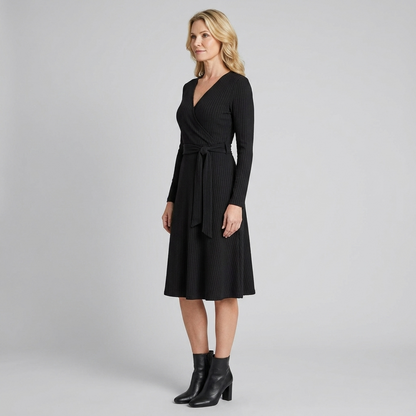 Wynne Knit Midi Dress - Soft Ribbed Polyester, V-Neck, Belted Waist, Pockets 2