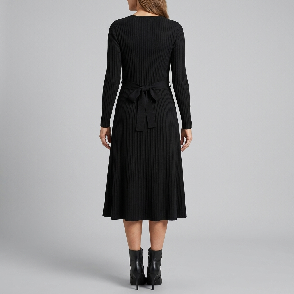 Wynne Knit Midi Dress - Soft Ribbed Polyester, V-Neck, Belted Waist, Pockets 3