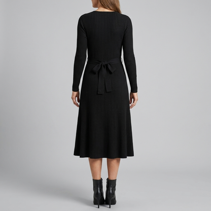 Wynne Knit Midi Dress - Soft Ribbed Polyester, V-Neck, Belted Waist, Pockets 3